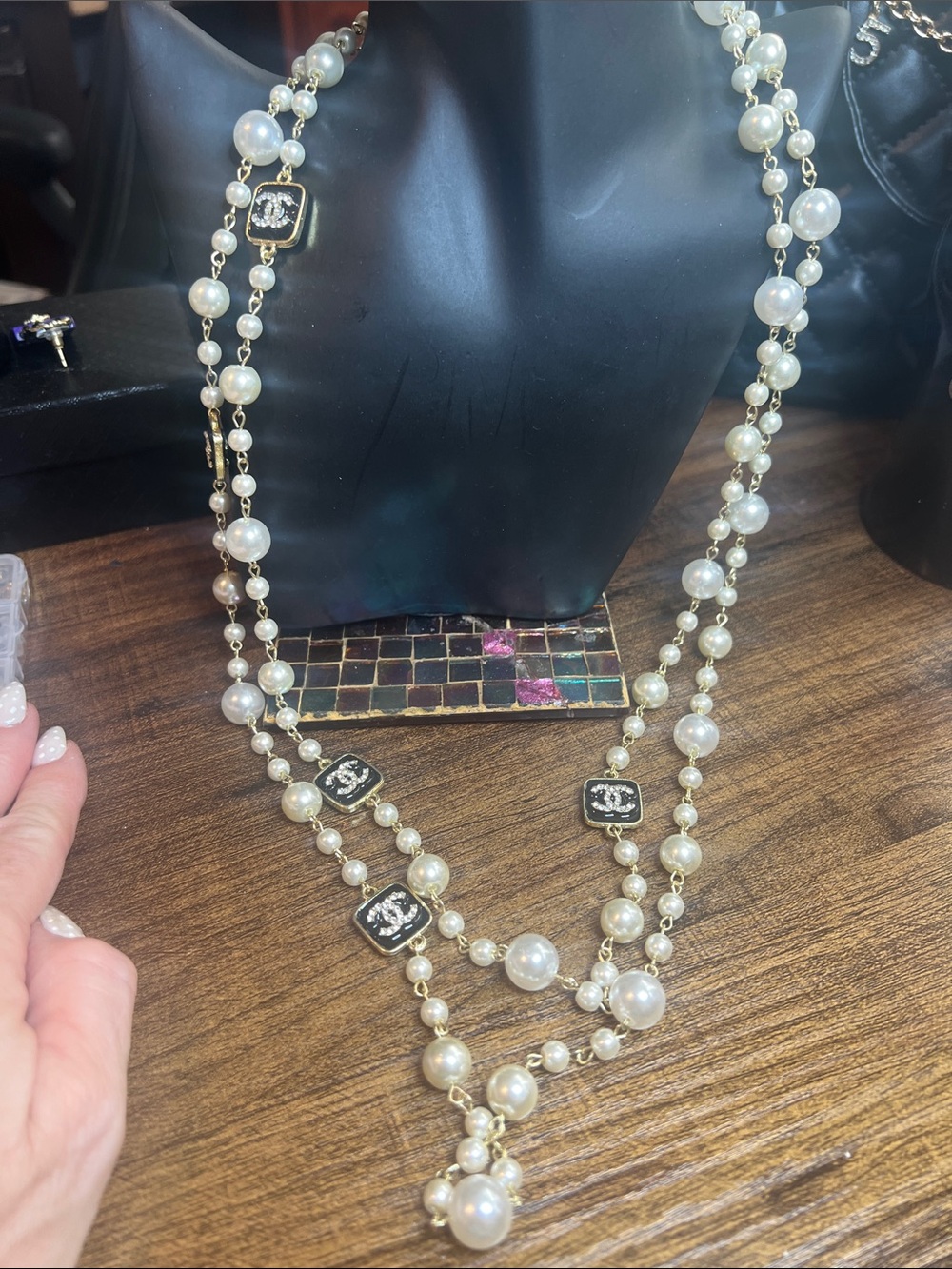 Double-Strand White Pearl Necklace with Black Accent Medallions